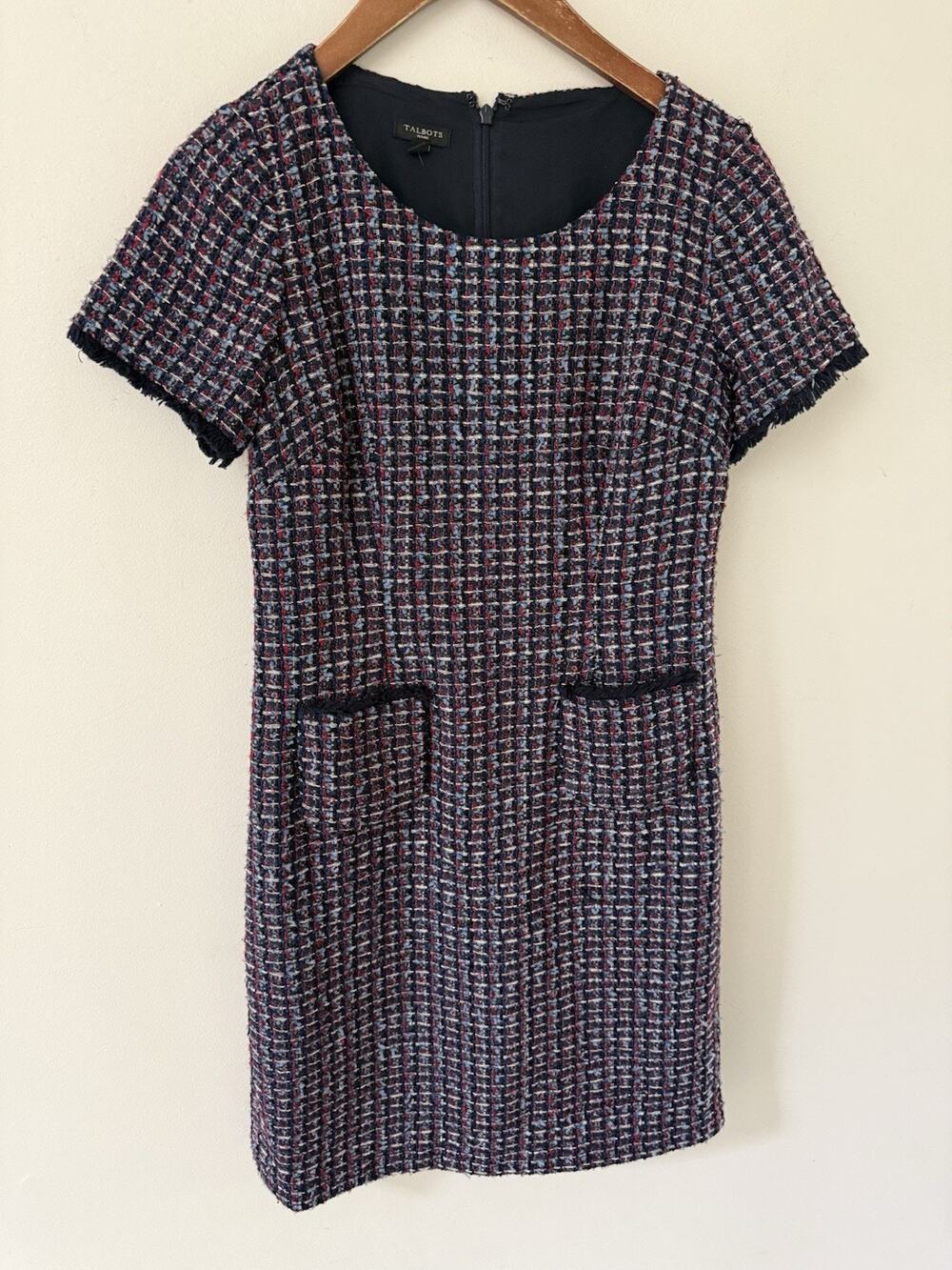 Talbots Tweed Shift Dress Size 8 Navy Red Fringe Pocket Career